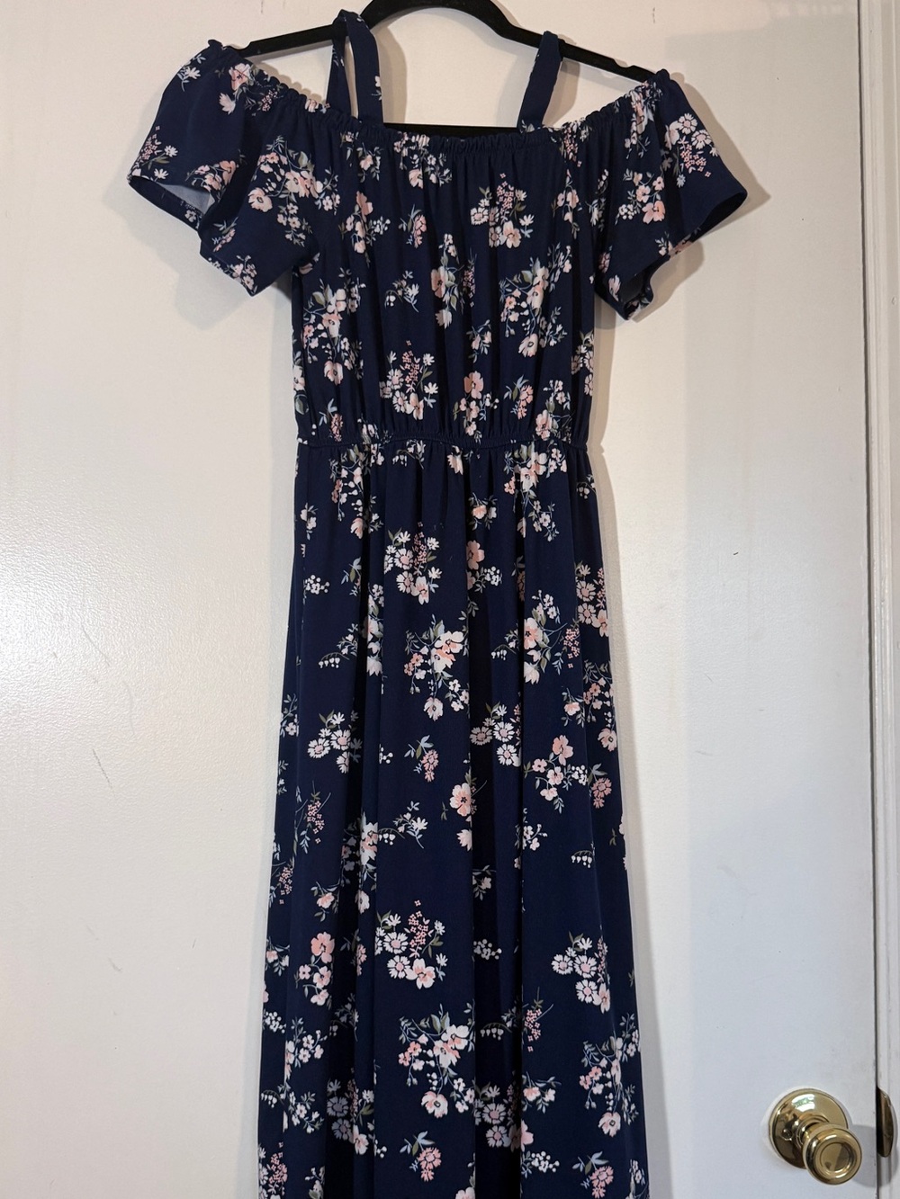 One Step Up Girls Size L (14/16) Navy Blue Floral Cold Shoulder High-Low Dress